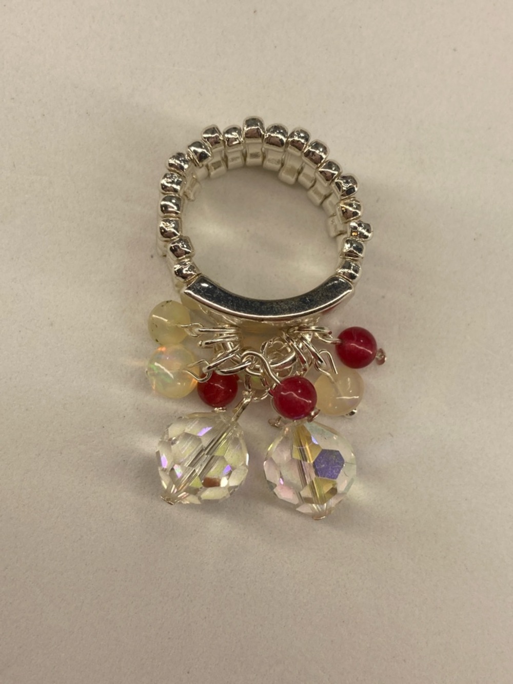 Q420. Opal, Ruby And Vintage AB Crystal Stretch Ring - Picture 3 of 4